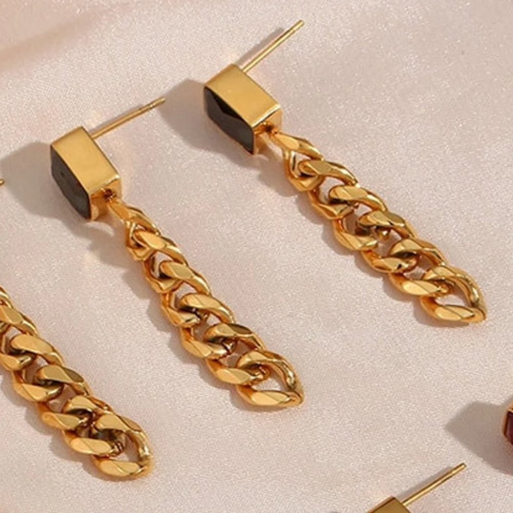 Black Zircon 18K Gold Plated Chain Stainless Steel Earrings - Picture 4 of 5